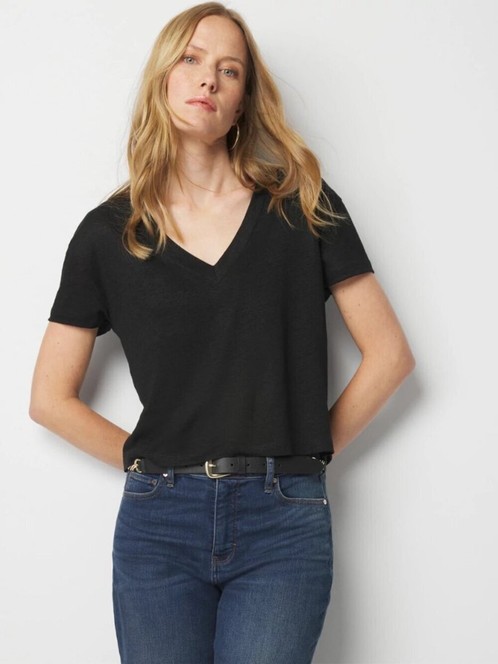 EVERLANE Black 100% Linen Jersey V-Neck T-Shirt, Size S